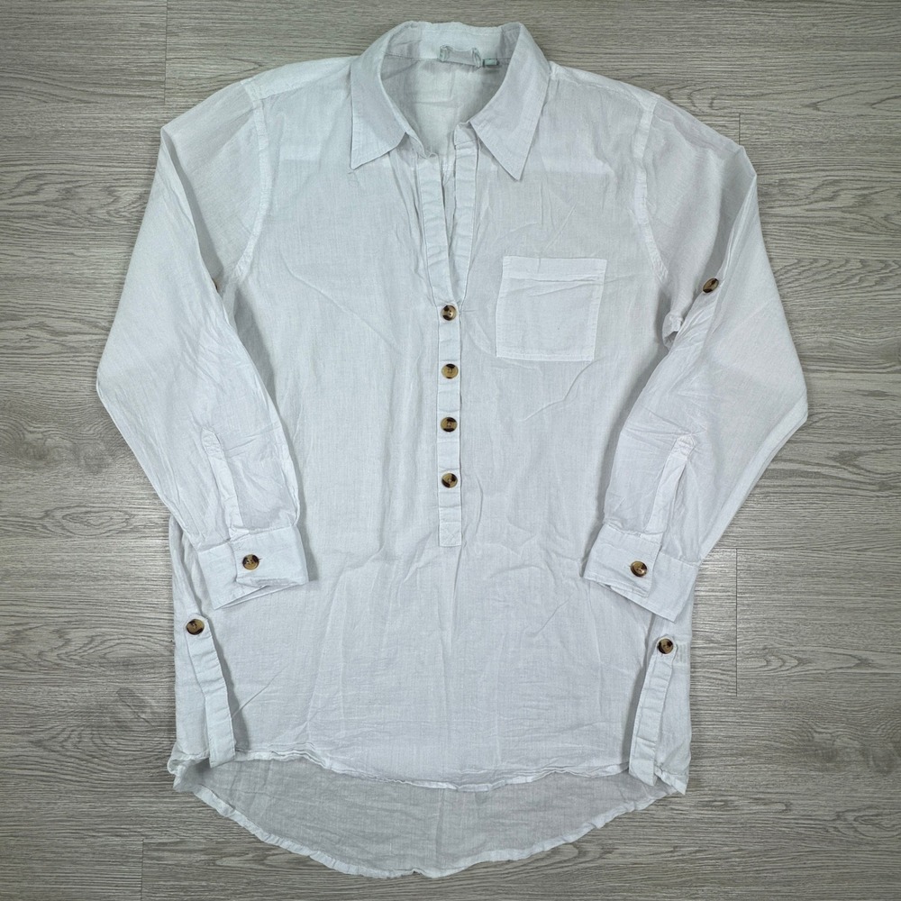 True Destinations Womens Shirt‎ Tunic White Large Cotton Roll Tab Sleeve Henley